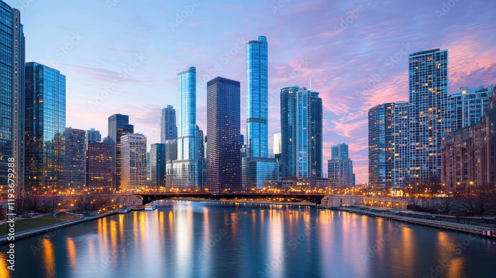 Obraz premium Cityscape at dawn, reflecting in calm river water.