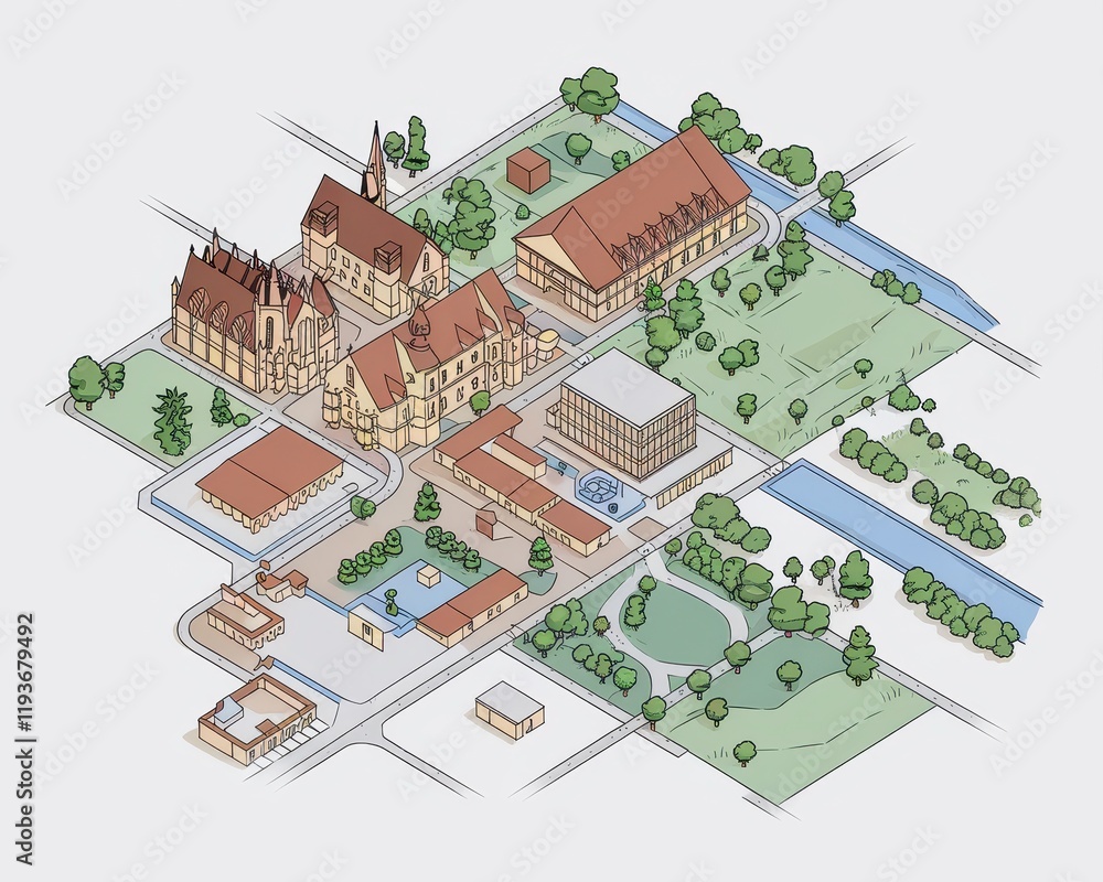 Obraz premium Isometric illustration of a campus with buildings and green spaces
