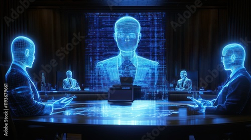 Holographic CEO addresses virtual board meeting.