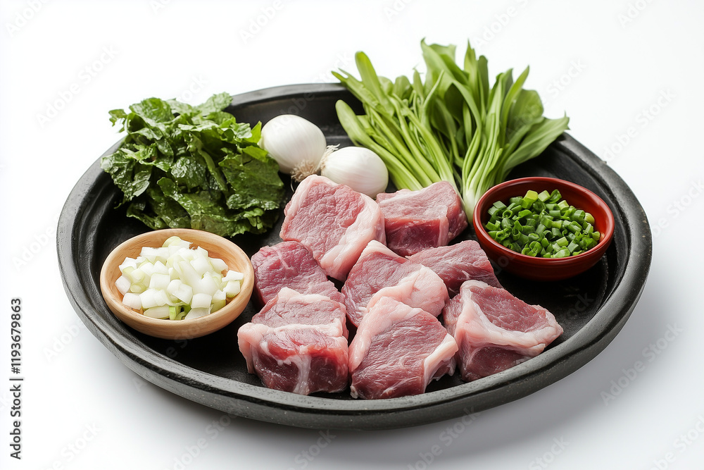 Fresh meat and vegetables on a black plate Fresh meat and vegetables on a black plate