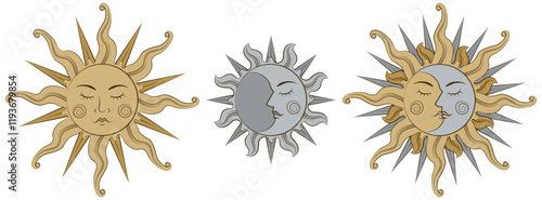 Magical celestial design template for astrology, fortune telling. Sun face, crescent moon in retro esoteric style. Vector illustration.