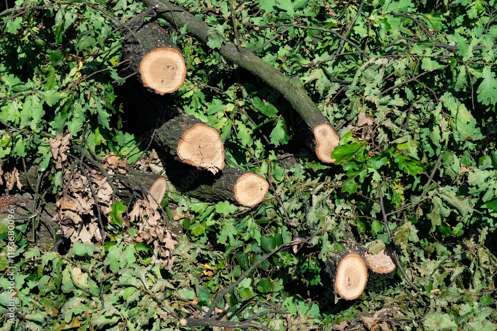 Cut trees and branches in forest after strong wind