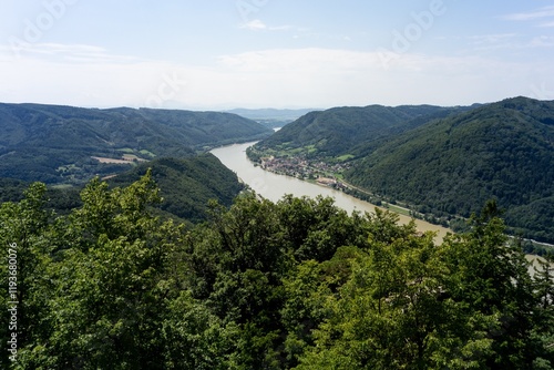 Obraz na płótnie Landscape of Aggstein village in Austria with muddy Danube river w salonie