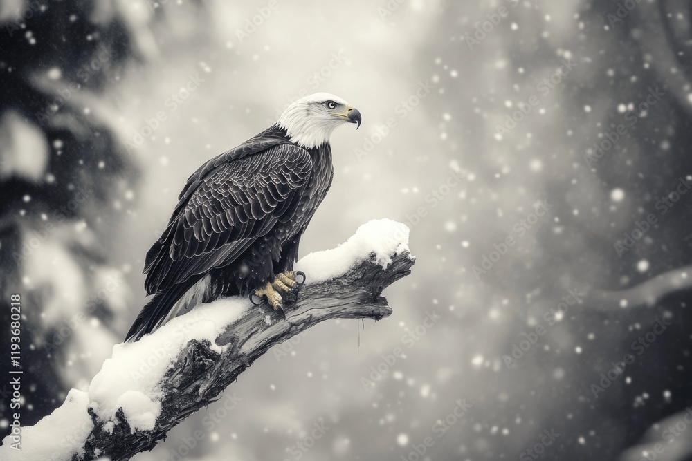 Fototapeta premium Majestic bald eagle perched on a snow-covered branch in a winter wonderland.