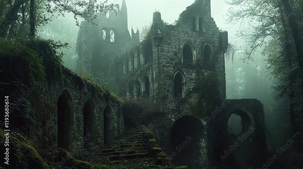 Obraz premium An abandoned medieval castle, overgrown with moss and ivy, shrouded in a foggy atmosphere, has a cinematic quality.