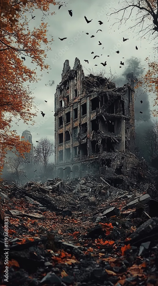 A destroyed building surrounded by rubble, with trees and autumn leaves in the background A destroyed building surrounded by rubble, with trees and autumn leaves in the background