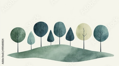 Watercolor stylized trees on a hill. Illustration for kids