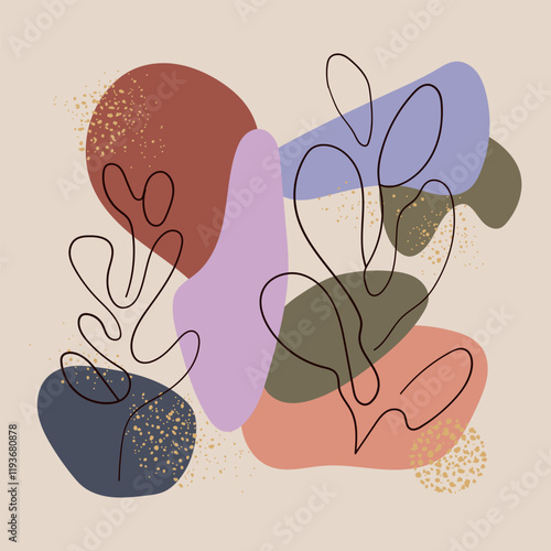 Abstract composition with elements of natural colors brown, beige, pink and olive. Vegetal contours add harmony and lightness, emphasizing natural balance.