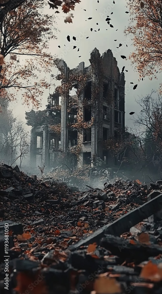 A destroyed building surrounded by rubble, with trees and autumn leaves in the background A destroyed building surrounded by rubble, with trees and autumn leaves in the background
