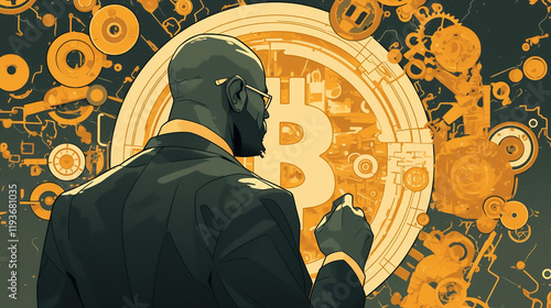 Businessman in a suit engaged with Bitcoin graphics and technology background in a modern digital setting