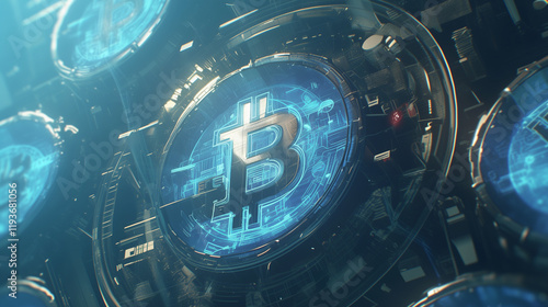 Detailed depiction of a digital representation of cryptocurrency with glowing symbols and high-tech background