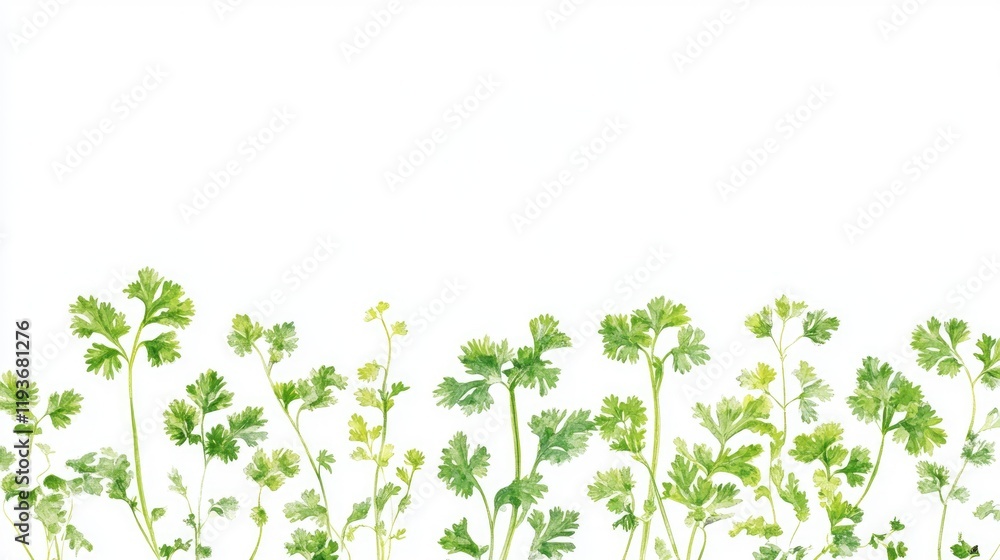 Fototapeta premium Vibrant Cilantro Herb Closeup - Fresh Coriander Leaves Isolated on White Background, Perfect for Vegetarian Cuisine and Organic Spices