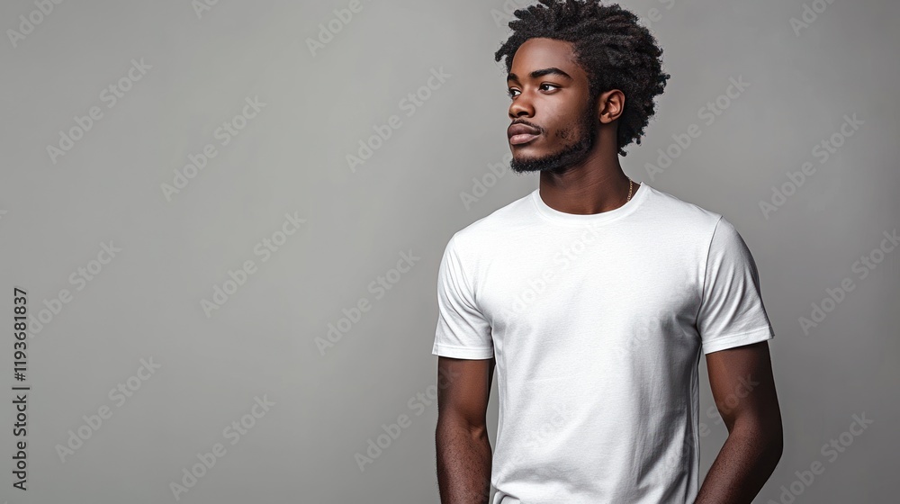 Fototapeta premium Young man with stylish hair posing in a plain white t-shirt against a neutral gray background
