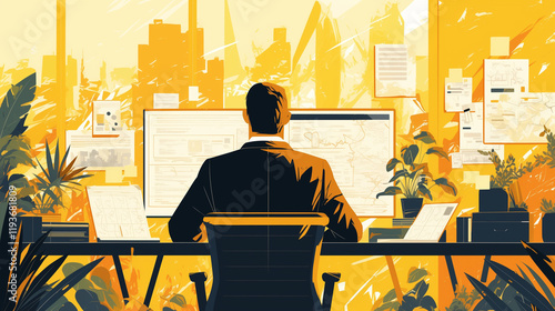 Professional working in a modern office with city skyline view during golden hour, surrounded by plants and documents