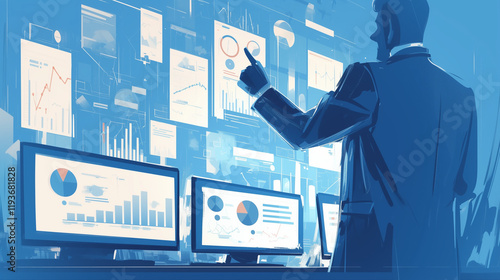 Business professional analyzing data with multiple screens in a modern office setting