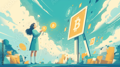 Woman exploring cryptocurrency concepts with Bitcoin symbols in a vibrant digital landscape