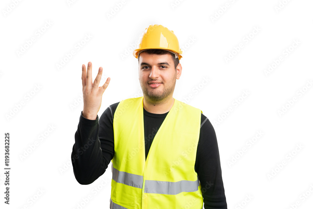 Constructor man making counting gesture showing number four Constructor man making counting gesture showing number four