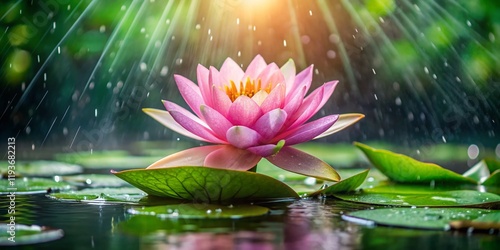 Wallpaper Mural Pink Water Lily Blooming in Rain, Small Pond, Lush Green Leaves Torontodigital.ca