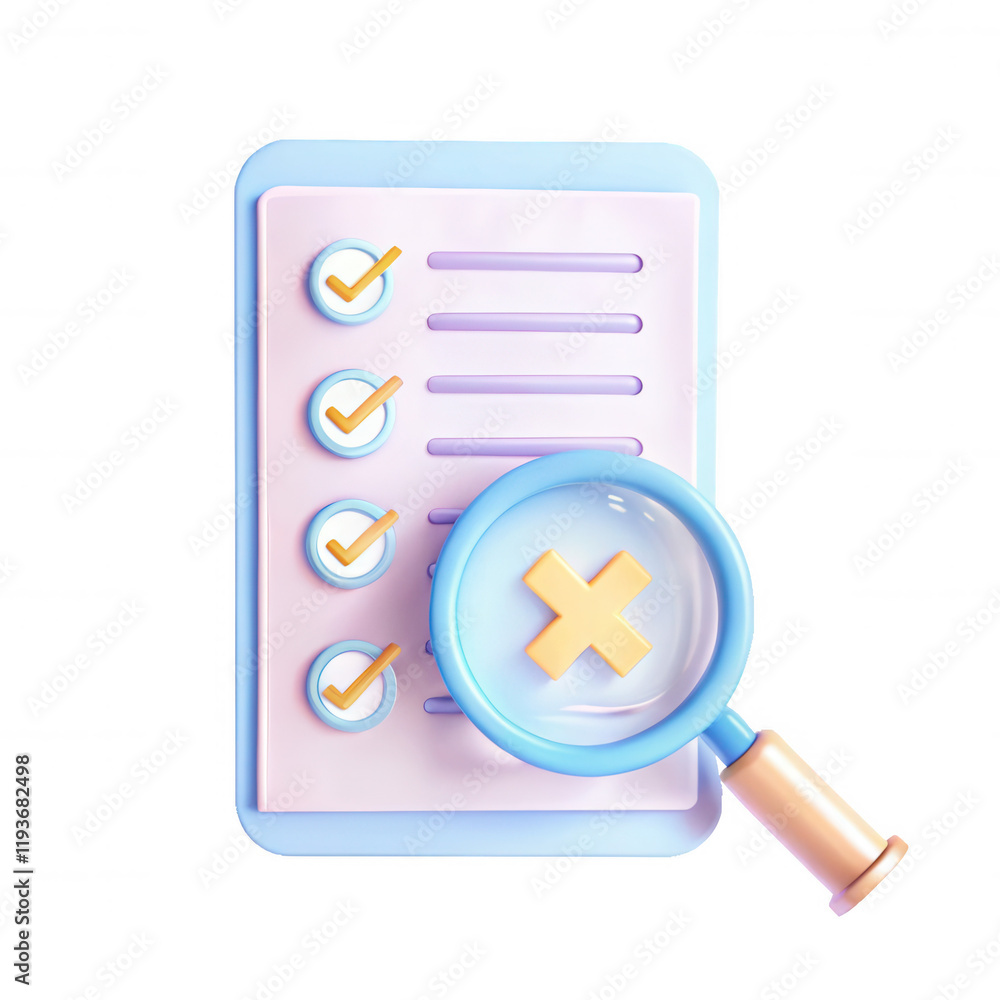 A 3D render featuring a checklist with checkmarks and a magnifying glass focusing on a red cross, symbolizing inspection and correction. A 3D render featuring a checklist with checkmarks and a magnifying glass focusing on a red cross, symbolizing inspection and correction.