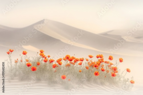 Vibrant orange poppies bloom amidst soft, rolling sand dunes under a hazy sky. photo