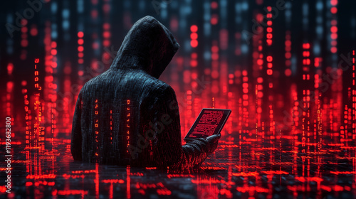 Hooded figure analyzing digital matrix in red cyberpunk setting, hacker concept