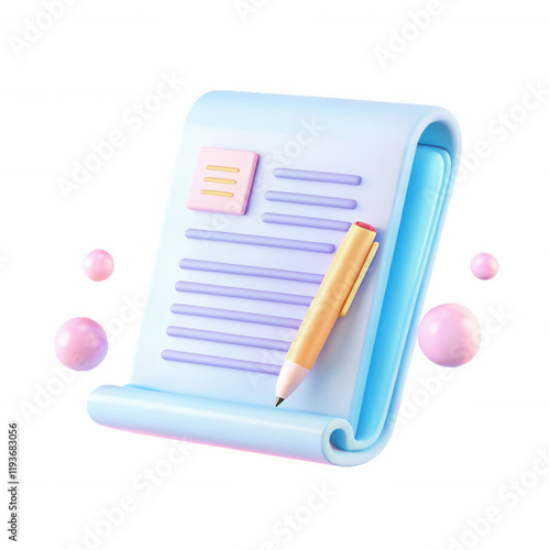 A colorful 3D representation of a paper document with a pen, emphasizing creativity and design in modern digital formats. photo