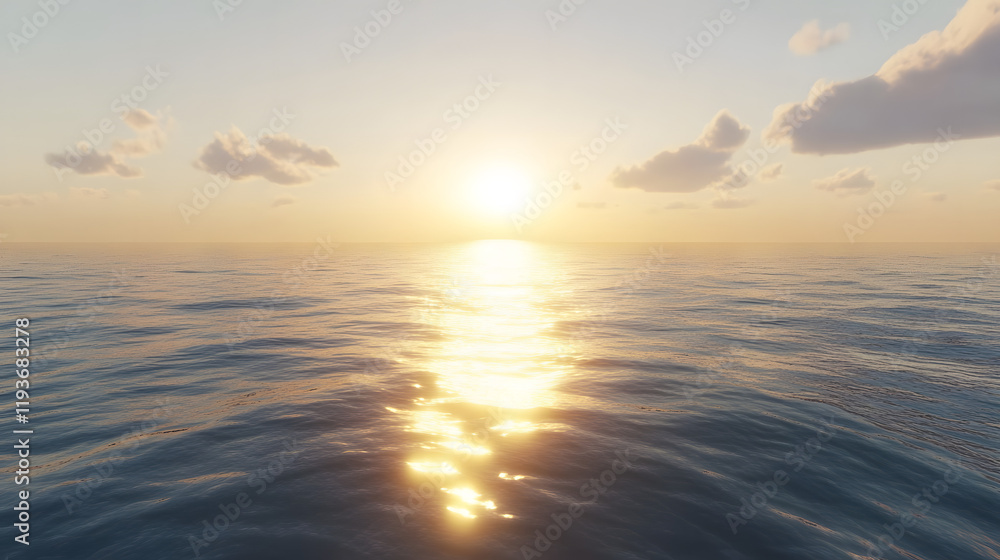 Obraz premium A photorealistic view of a calm ocean with gentle ripples reflecting the golden hues of a rising sun.