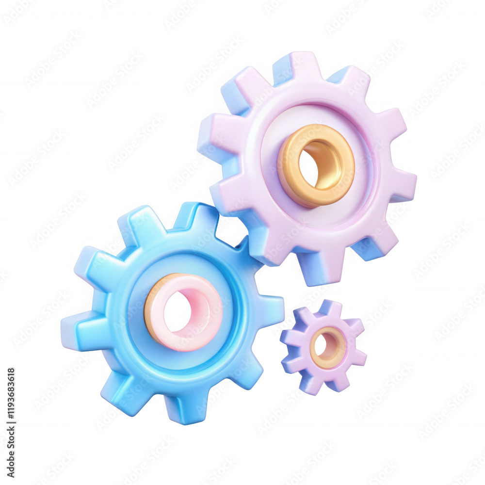 Three colorful gears in pastel shades of blue and purple, showcasing a 3D render model design. A perfect mix of creativity and technology. Three colorful gears in pastel shades of blue and purple, showcasing a 3D render model design. A perfect mix of creativity and technology.