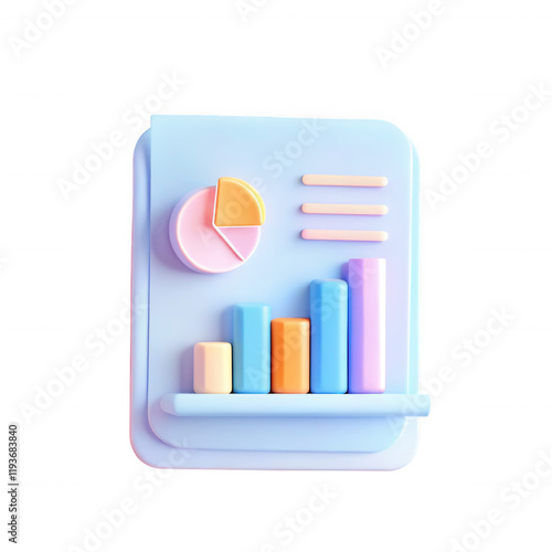 A colorful 3D chart illustration featuring pie and bar graphs on a pastel background, representing data analysis.