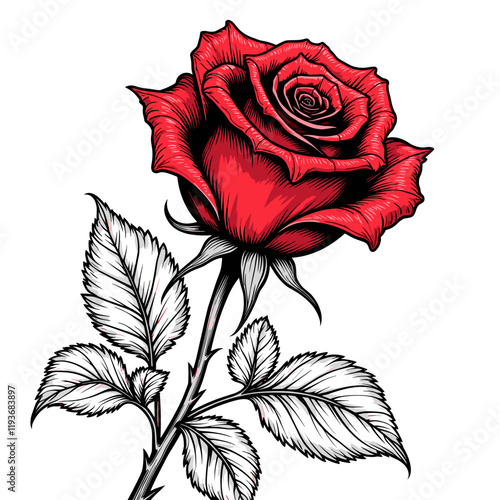 Elegant red rose illustration with dewdrops, beauty of nature