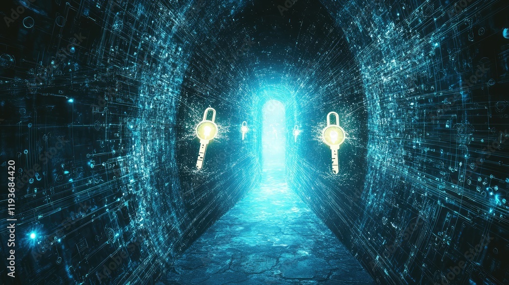 Quantum mechanics applications in encryption, visualized with glowing quantum keys and secure data pathways Quantum mechanics applications in encryption, visualized with glowing quantum keys and secure data pathways