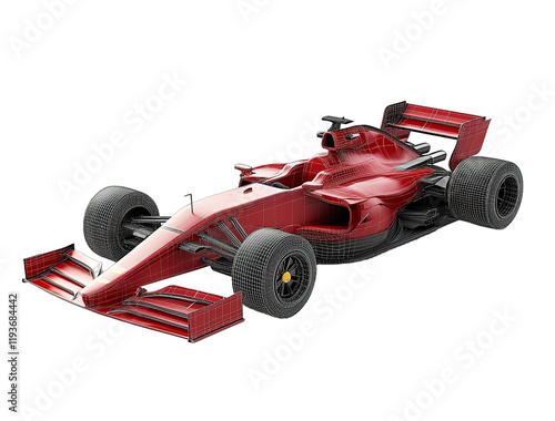 3D model of a red Formula One car on a white background isometric view front angle photo