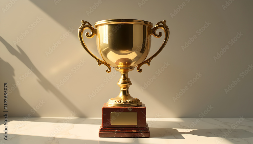 Golden trophy in sunlight on white marble surface Golden trophy in sunlight on white marble surface