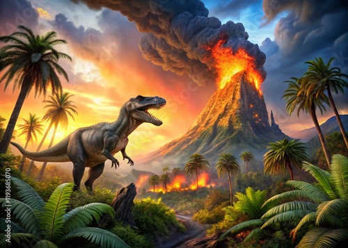 Fototapeta Naklejka Na Ścianę i Meble -  Prehistoric Volcano Eruption: Dinosaur and Lush Flora
