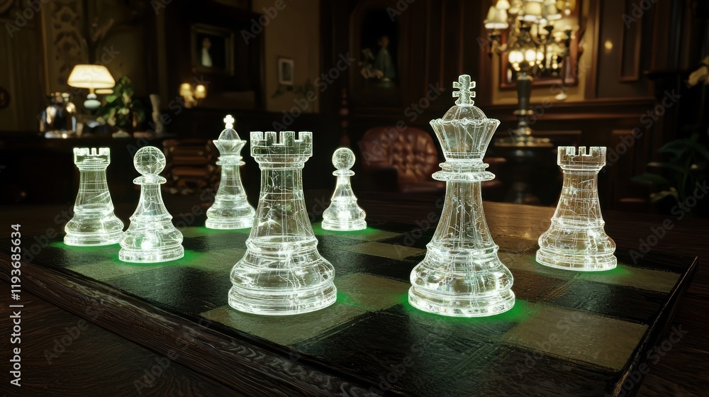Glass chess pieces on a wooden board in a luxurious room. Glass chess pieces on a wooden board in a luxurious room.