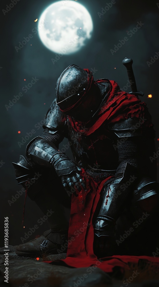 Fototapeta premium A knight in full armor, kneeling with his head bowed to the ground and tears streaming down from beneath an eye patch