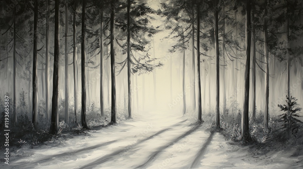Monochromatic forest path with fog and shadows. Monochromatic forest path with fog and shadows.