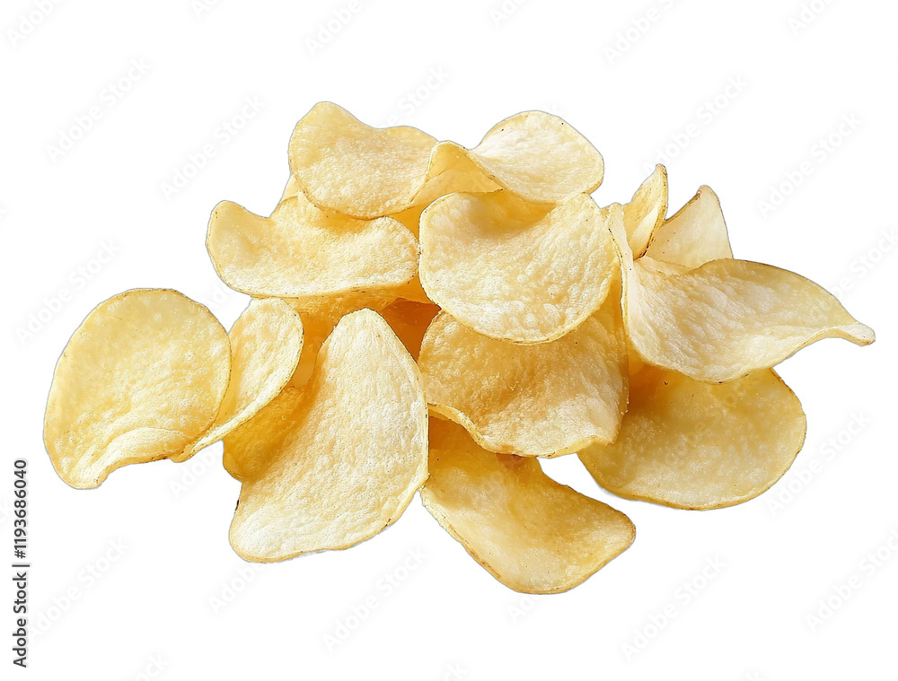 Crisp potato chips isolated on a white background with no shadow in high-resolution photography Crisp potato chips isolated on a white background with no shadow in high-resolution photography
