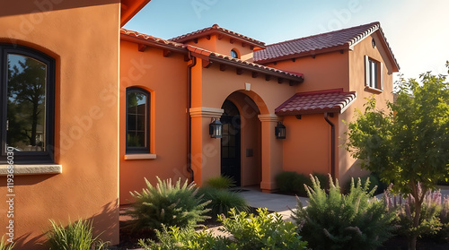 Mediterranean Style Home Exterior: Orange Stucco, Tile Roof, and Landscaped Garden photo