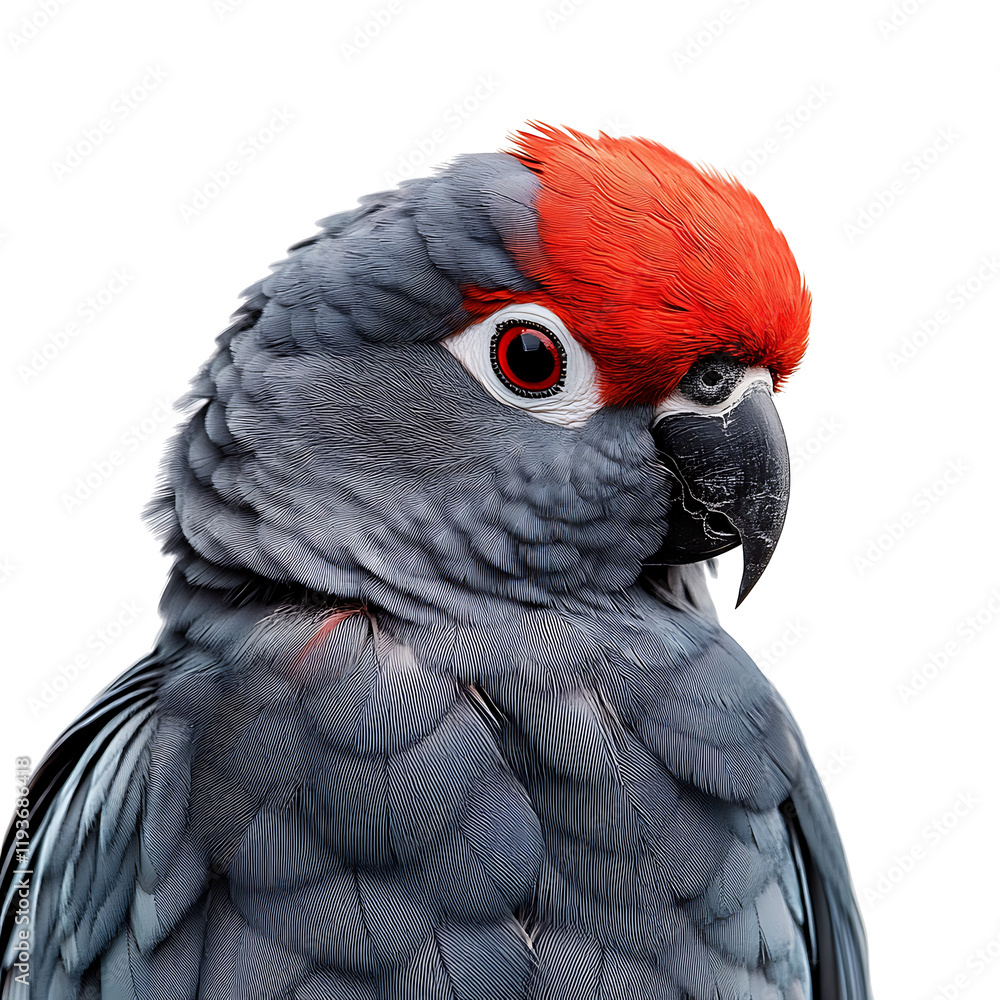 Obraz premium A grey parrot with a red head isolated on white backgrounds.PNG