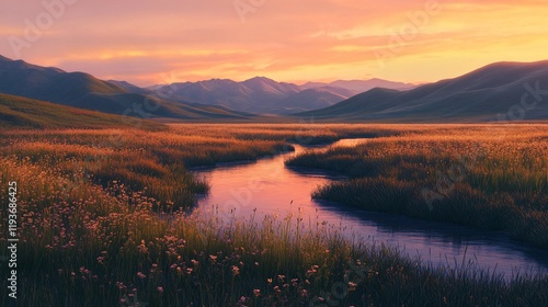 Serene Sunset Landscape: Mountain Valley Stream