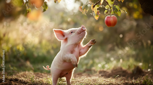 A playful pig standing on its hind legs reaching for an apple hanging from a tree branch.