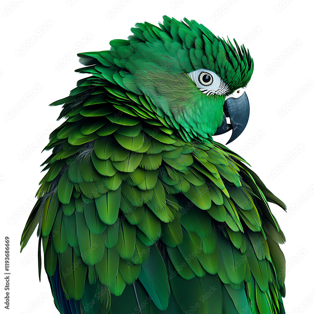 Fototapeta premium Close-up of a parrot with vibrant green feather isolated on white background.PNG