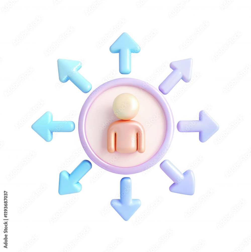 A 3D character model in a central position, surrounded by arrows pointing in various directions, showcasing dynamism and movement. Suitable for iconography. A 3D character model in a central position, surrounded by arrows pointing in various directions, showcasing dynamism and movement. Suitable for iconography.