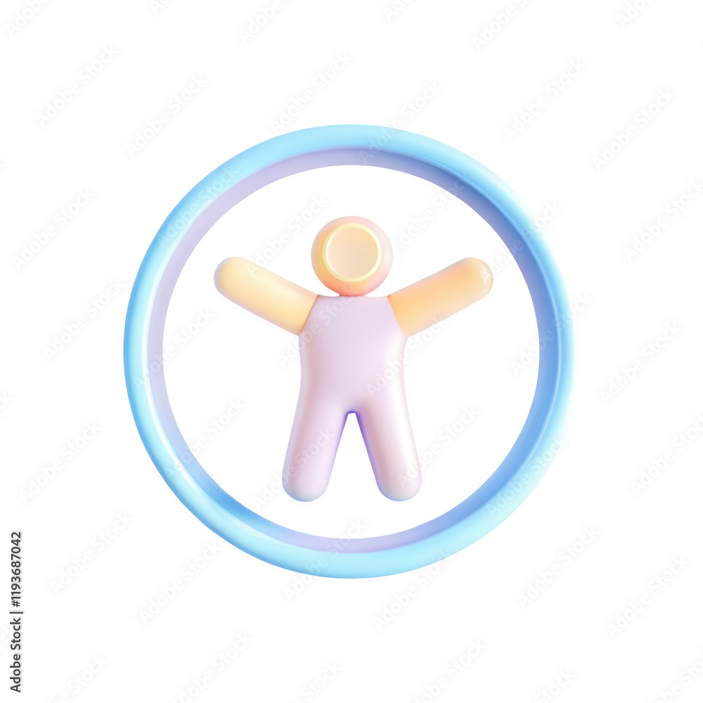 Obraz premium A colorful 3D icon depicting a human figure enclosed in a circular shape, designed in soft pastel tones for a friendly appearance.
