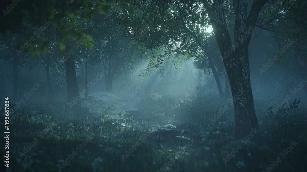 Sunbeams pierce misty, green forest path. Sunbeams pierce misty, green forest path.