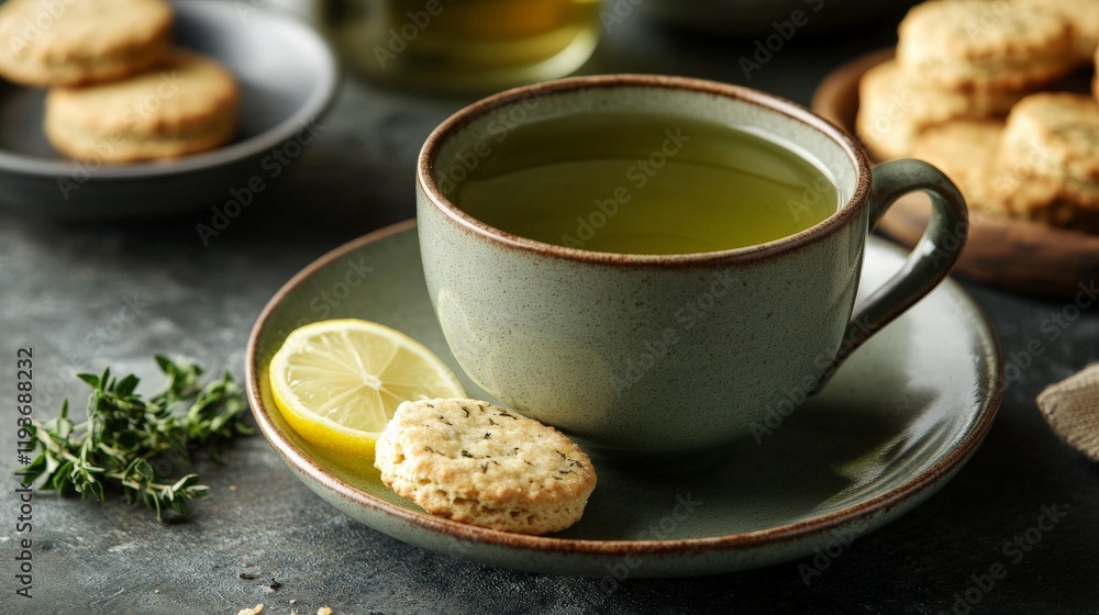 Green tea with lemon and cookies on rustic table setting Green tea with lemon and cookies on rustic table setting
