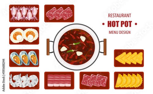 Vector set of Shabu food, Hot Pot, and various spices. Hot soup and boiled vegetables in a hot pot, top view Kitchen utensils isolated on white background For elements in restaurant menu design.