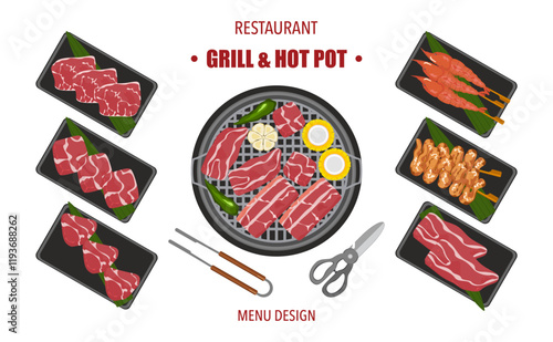 Vector set of grilled food, shabu, hot pot, and various spices. The vegetables are grilled in hot pot kitchen utensils. Top view. Isolated on a white background. For elements in designing a food menus