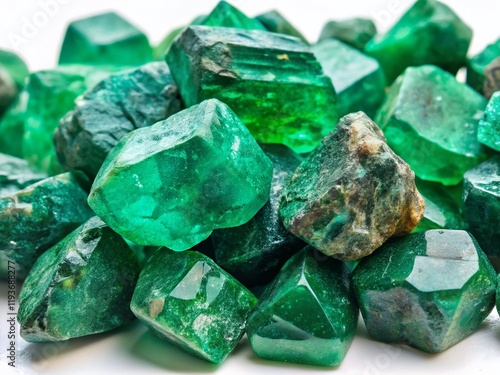 Raw Emerald Gemstones Collection: Close-Up Panoramic of Rough, Shiny, Brilliant Green Crystals Isolated on White Background. Ideal for Jewelry Design and Gemology.